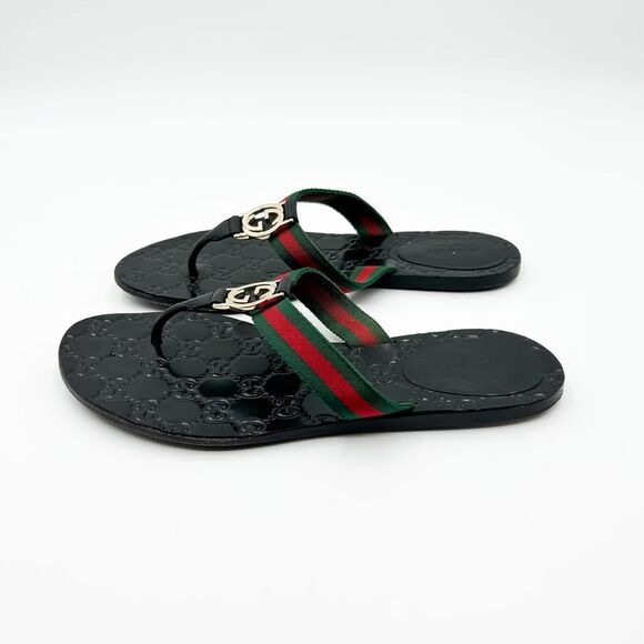 Gucci GG Web Stripe Flip Flop Sandal Black EU 37 US Women's 7 Flat Logo - Picture 4 of 14